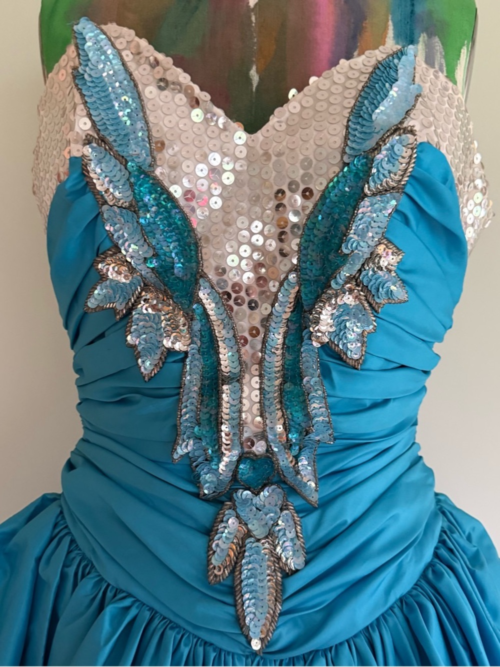 🐬VINTAGE 80s Alyce Designs Sequin Taffeta Peplum Prom Gown Dress - Picture 4 of 11